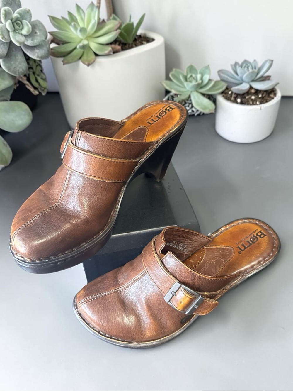 Born Brown Leather Wedge Clogs Size 6 / 36.5 | Handcrafted Buckle Mule Heels